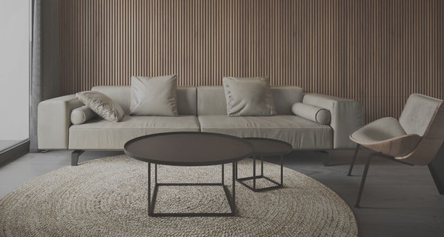 Upholstered Sofa with Wood Slat Wall and Round Nesting Coffee Tables