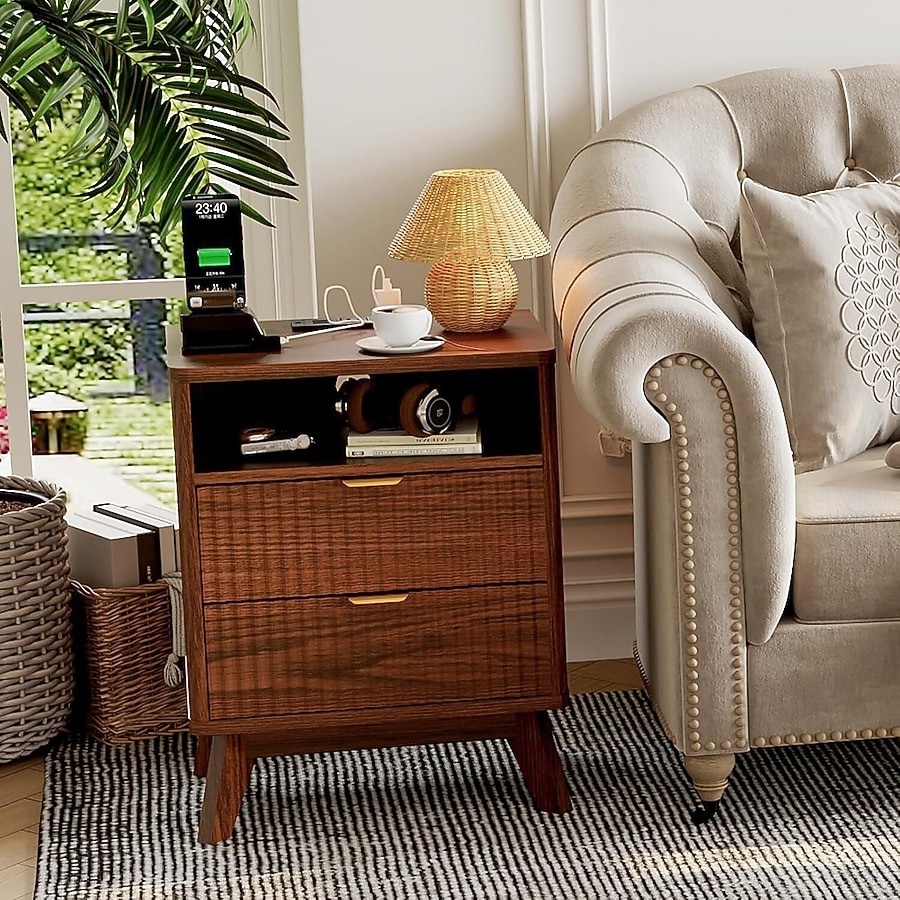 USB Charging Nightstand with Walnut Finish