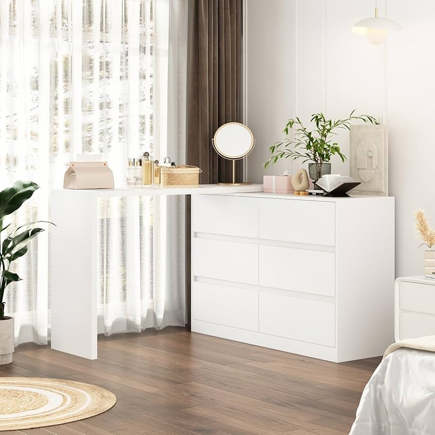 Vanity Dresser: Six Drawers Handleless L-Shaped Vanity Desk