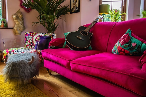 Velvet Sofa Eclectic Colorful Interior Horned Footstool