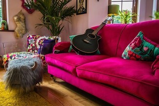 Velvet Sofa Eclectic Colorful Interior Horned Footstool