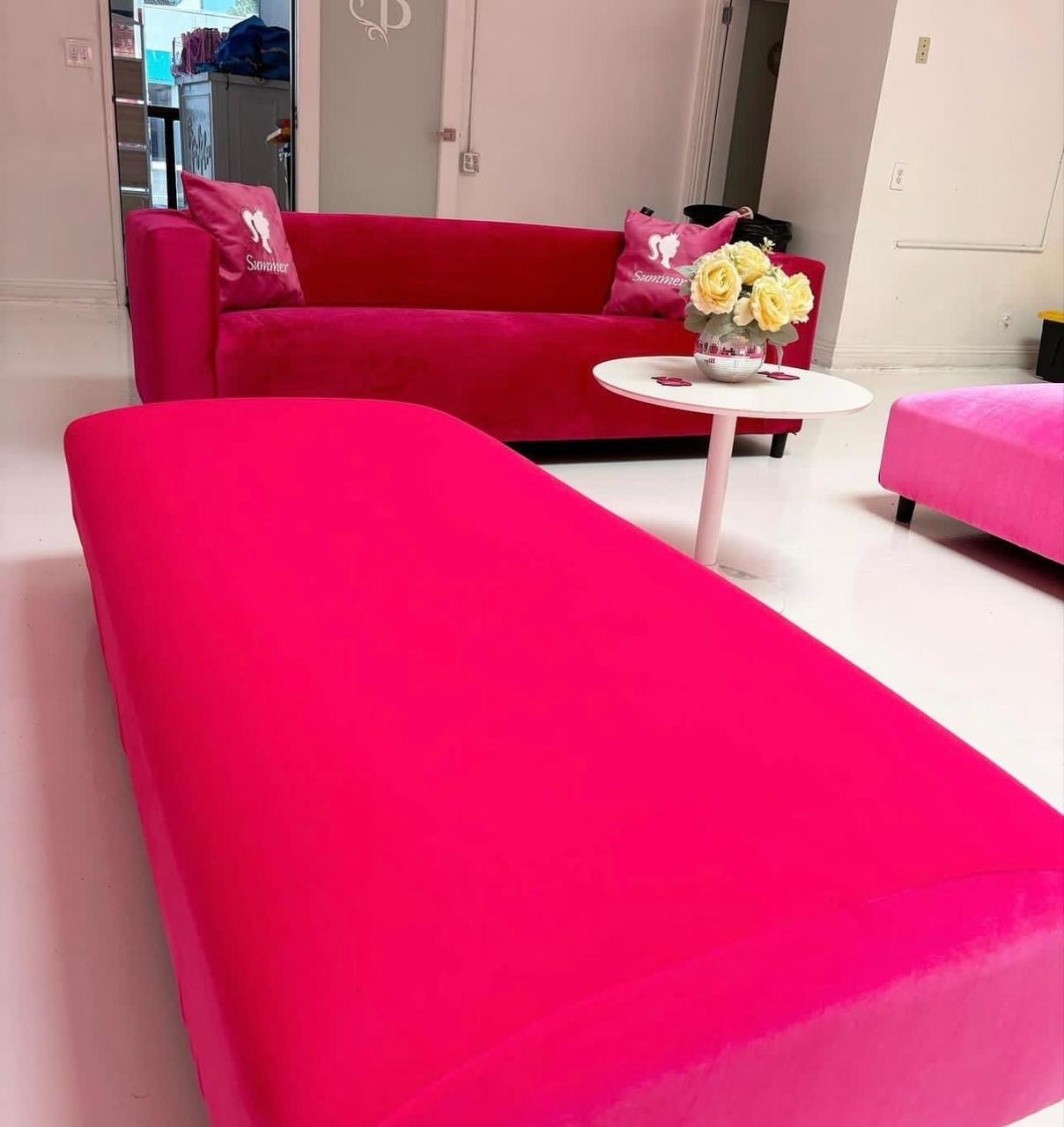 Velvet Sofa Modern Pink Event Seating Low Slung Silhouette