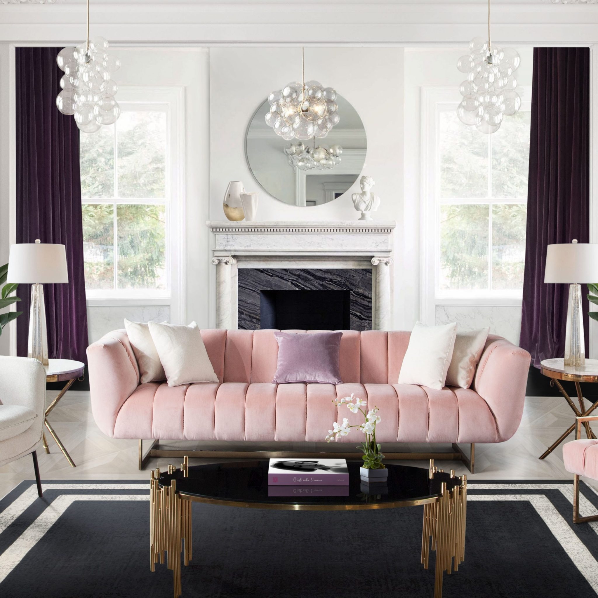 Velvet Sofa on Gold Sled Base with Bubble Glass Chandeliers