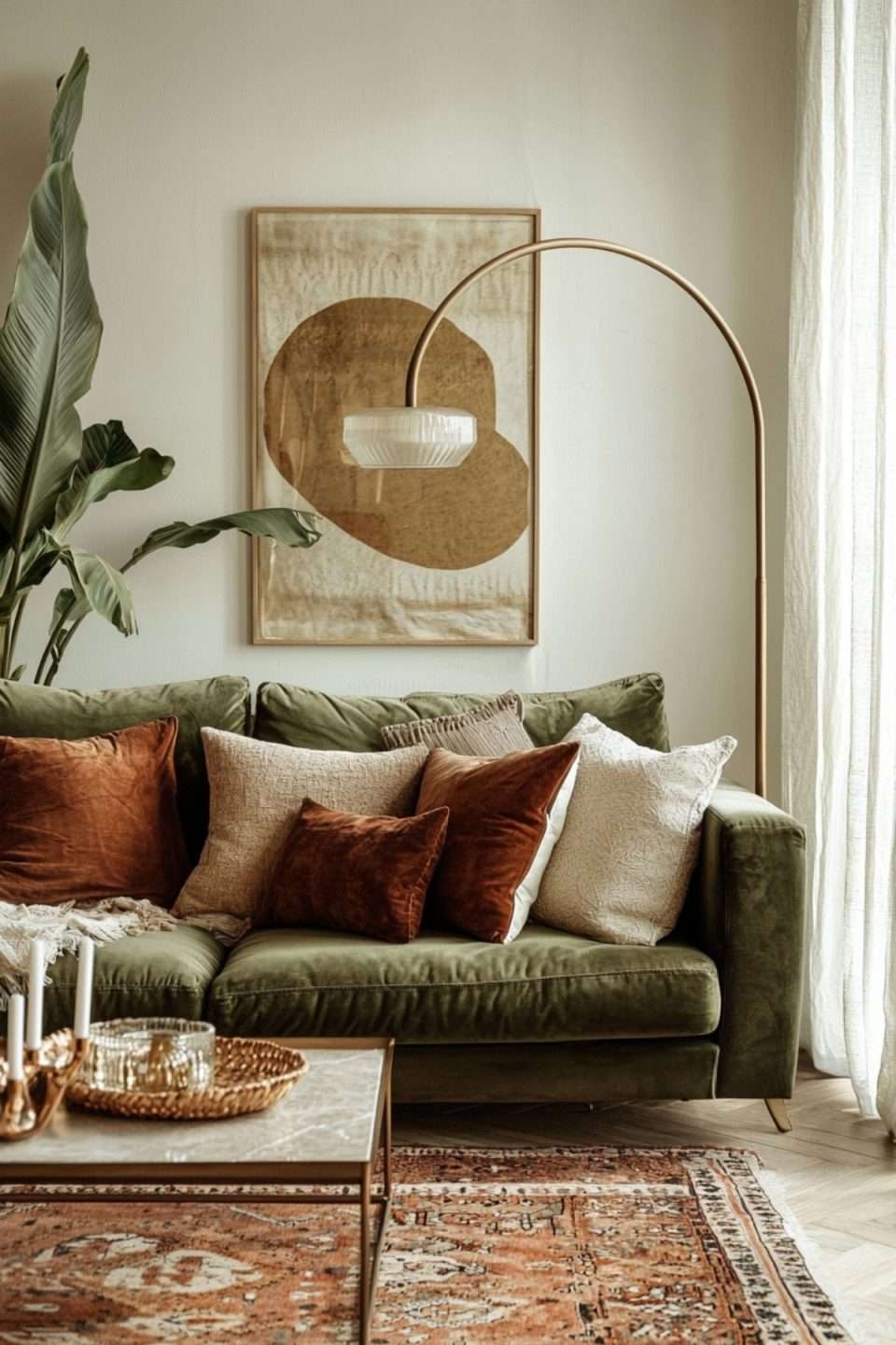 Velvet Sofa Styled with Arched Gold Floor Lamp and Abstract Art