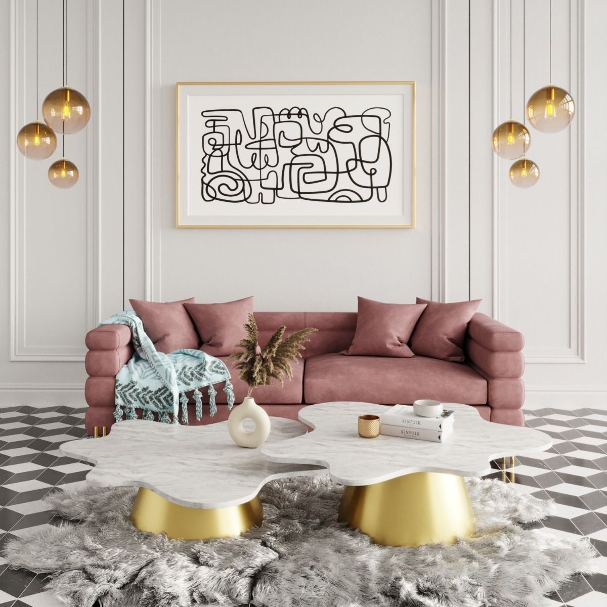 Velvet Sofa styled with Organic Shaped Tables and Checkered Floor