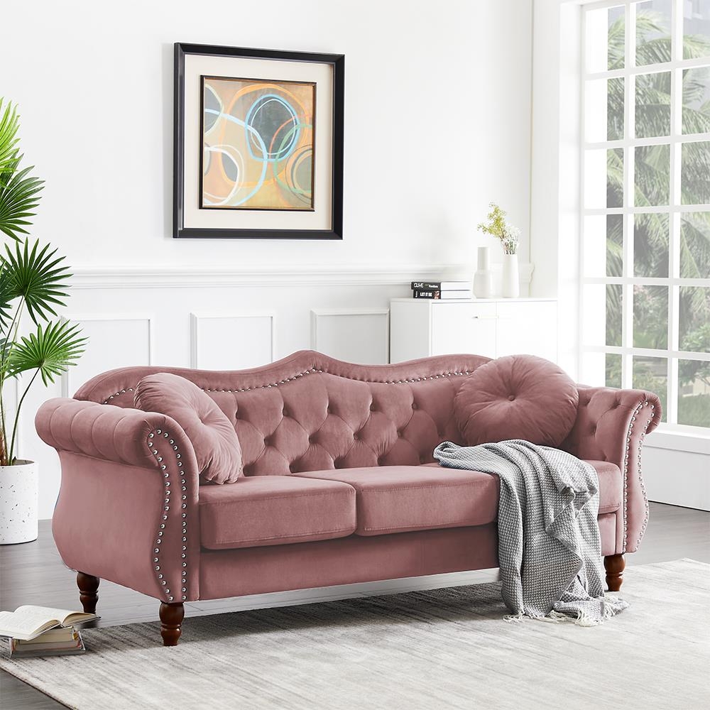Velvet Sofa with Scalloped Back and Silver Nailhead Trim