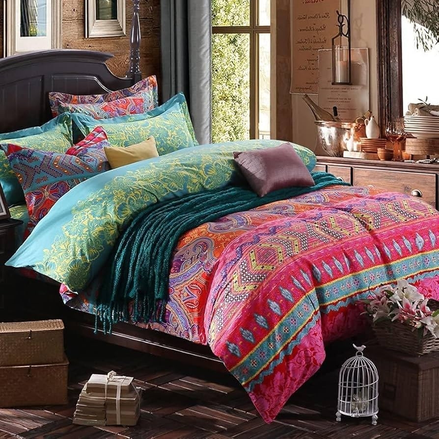 Vibrant Comforter Set: Mandala Print & Knitted Throw