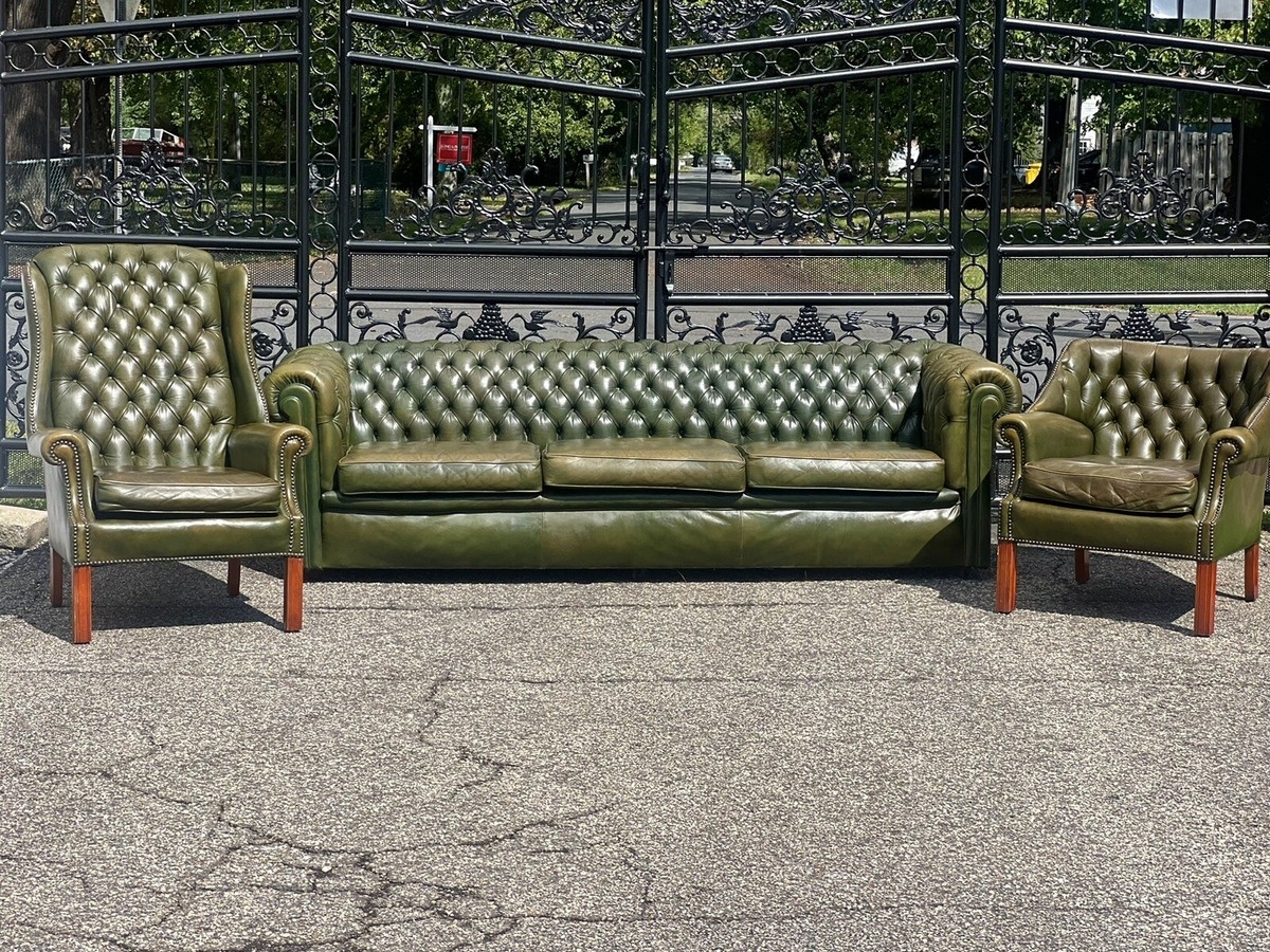 Vintage Traditional Chesterfield Set featuring Wingback Accent Chairs