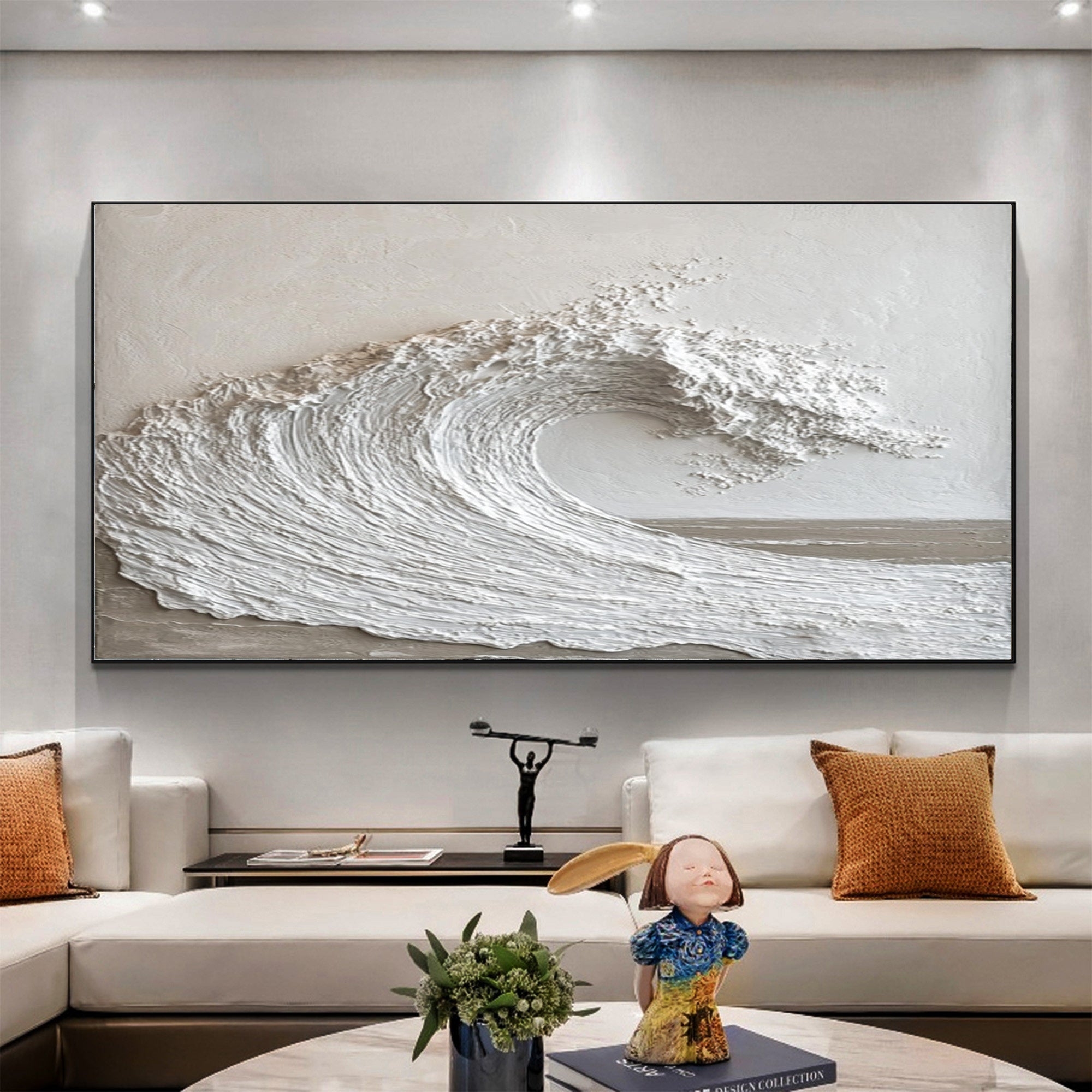 Wall Art Wave Motif Impasto Monochromatic Relief Art