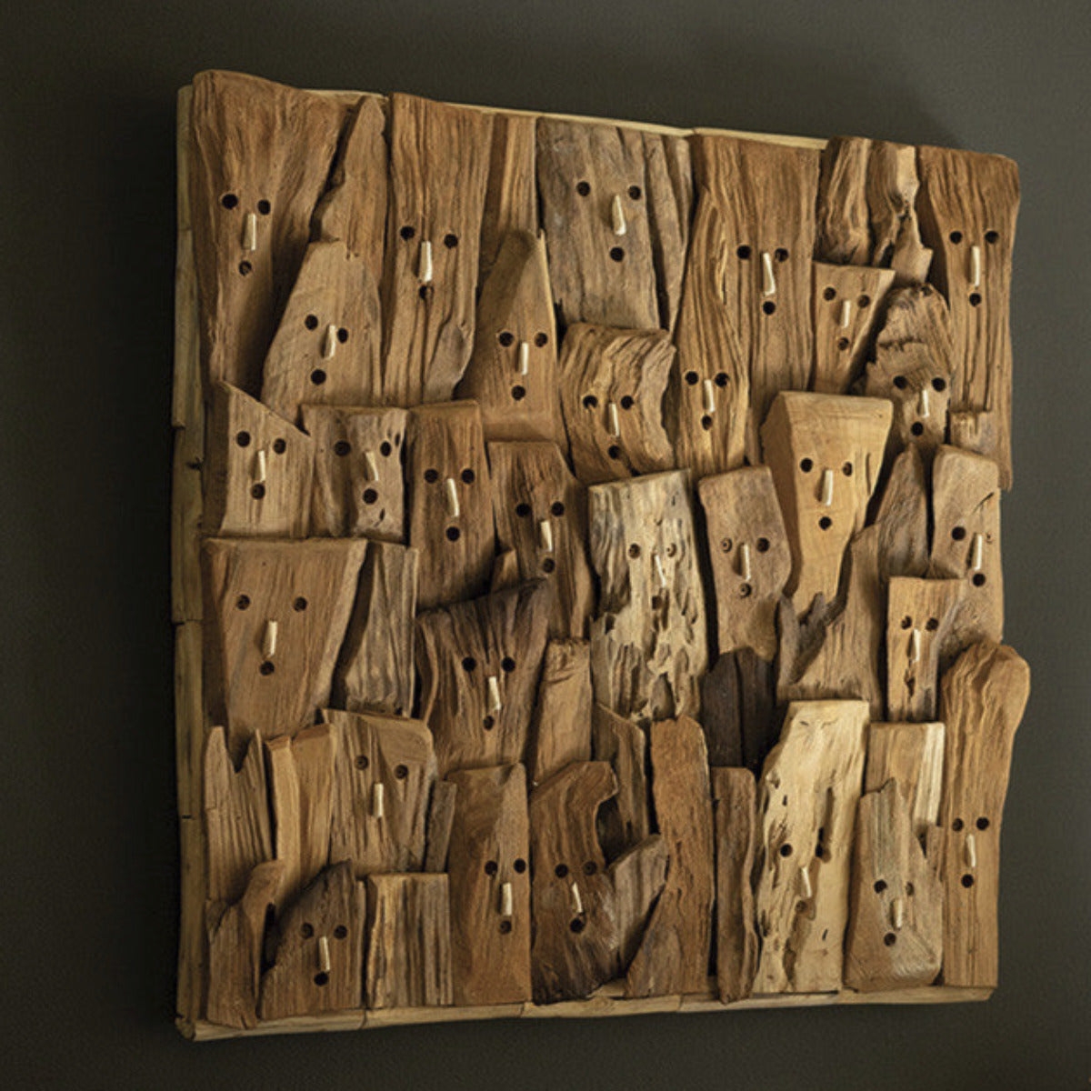 Wall Art: Whimsical Driftwood Faces Folk Art Wood Mosaic