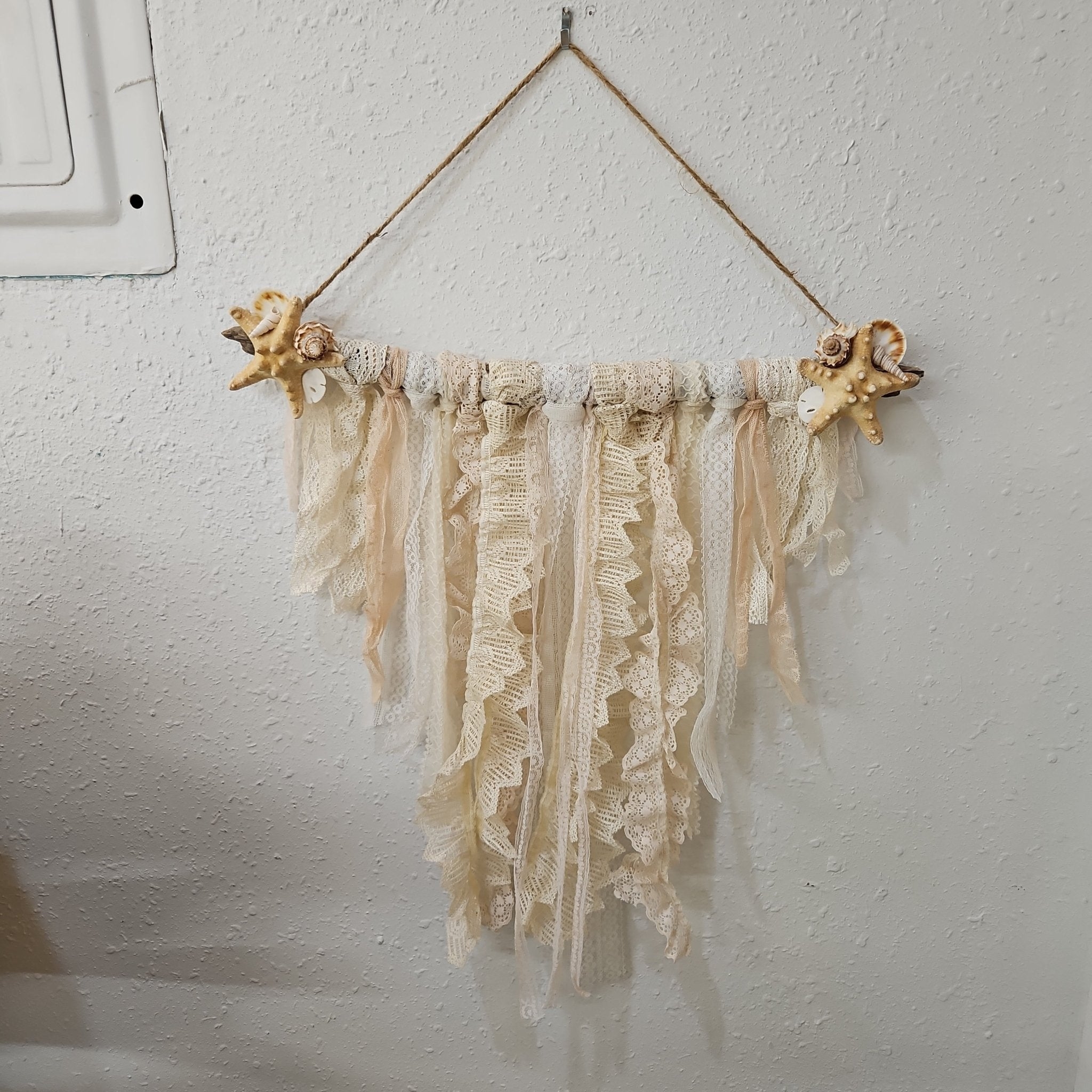 Wall Hanging: Coastal Lace Art with Starfish Accents