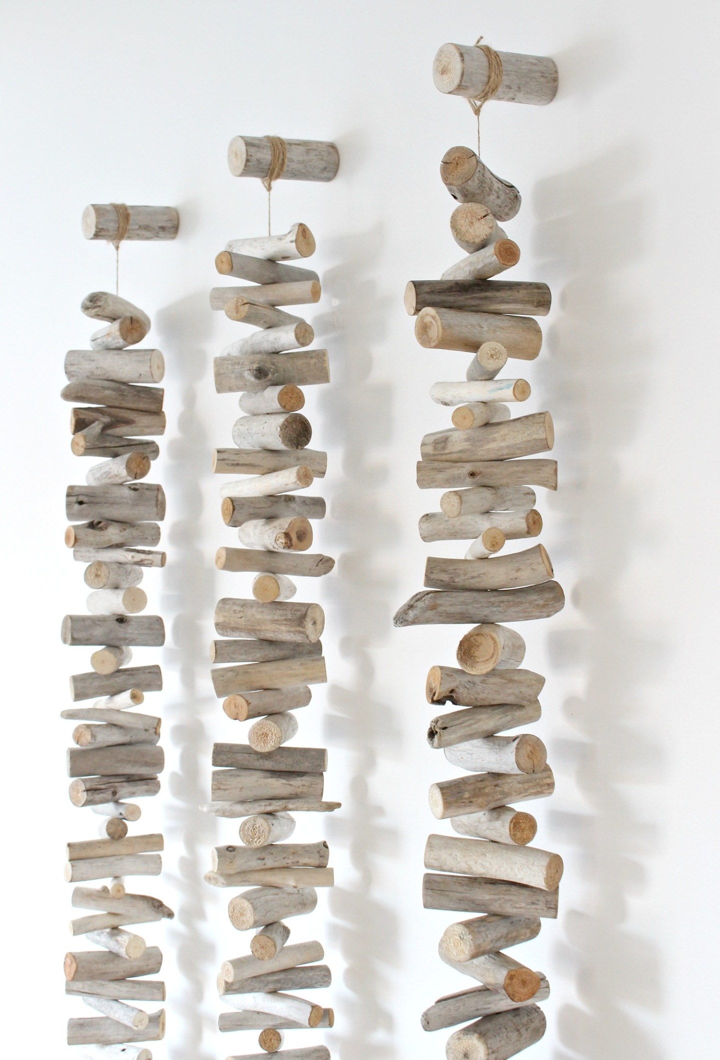 Wall Hanging Vertical Triptych and Stacked Driftwood Decor