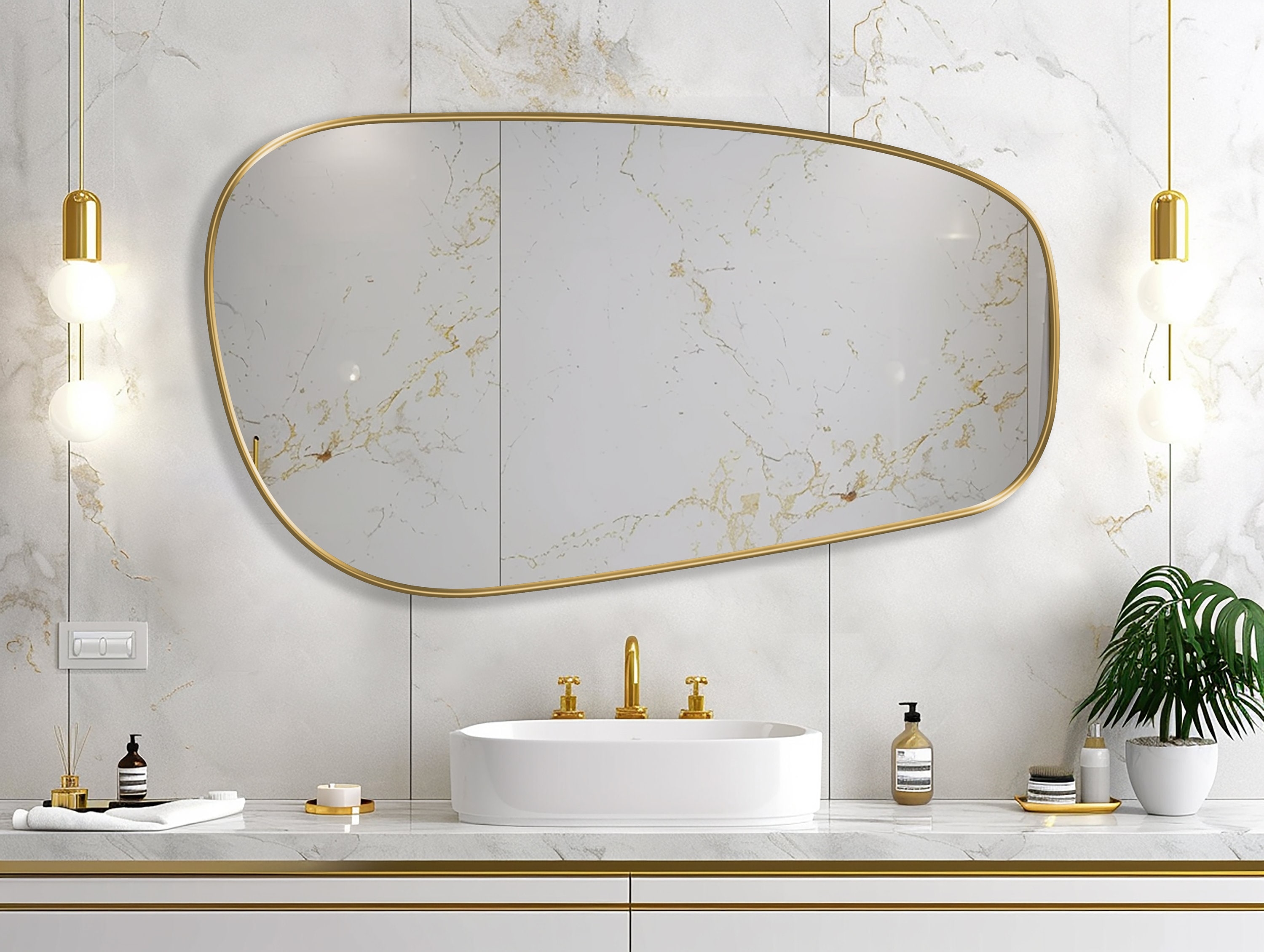 Wall Mirror: Asymmetrical Gold Metal Frame Organic Curves
