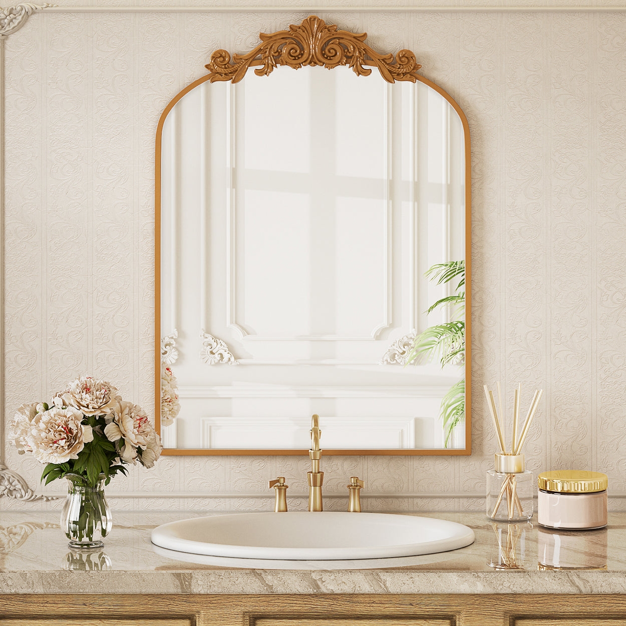 Wall Mirror Bronze Crest Vintage Arched Bathroom Mirror