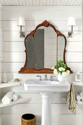 Wall Mirror Carved Wood Crest White Shiplap Antique Mirror