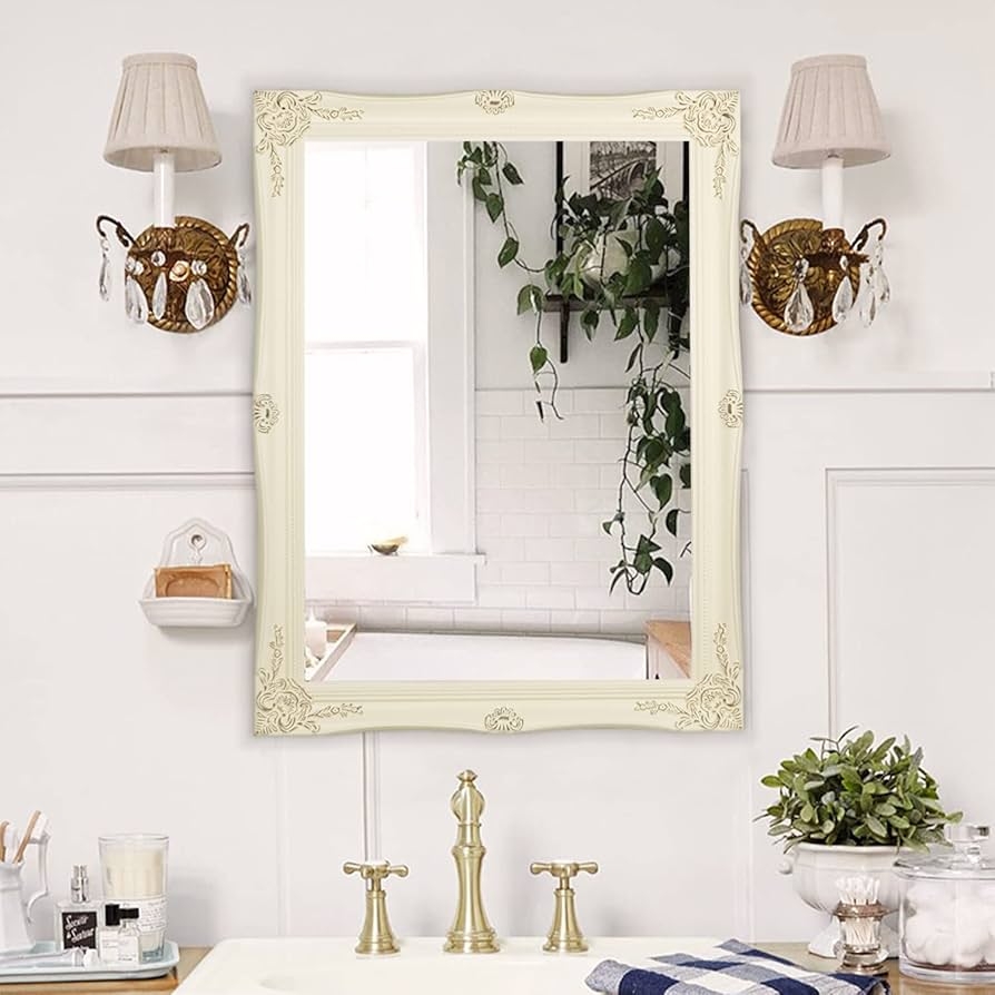 Wall Mirror Creamy White Scalloped Antique White Vanity Mirror