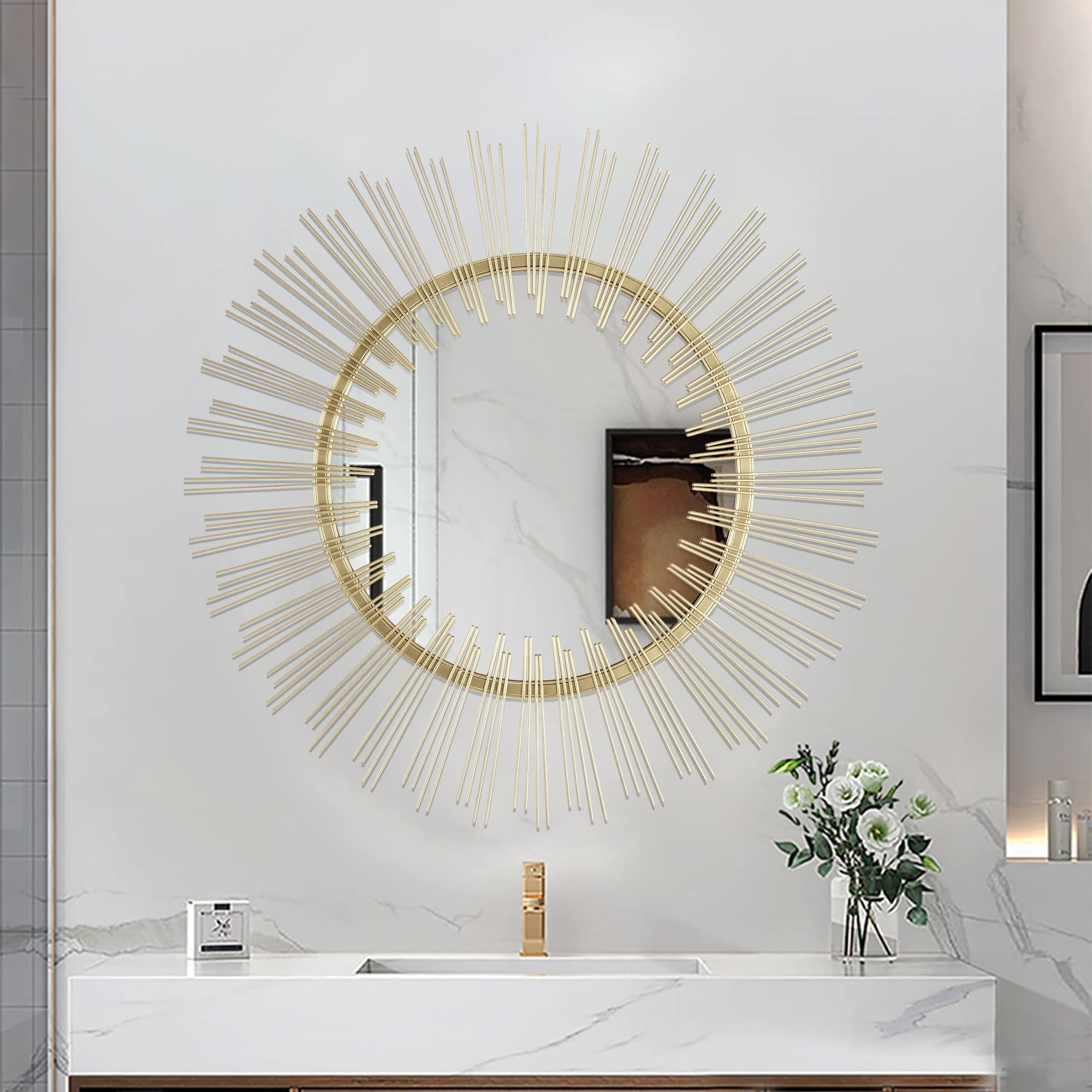 Wall Mirror: Gold Sunburst Design with Radiating Metal Rods