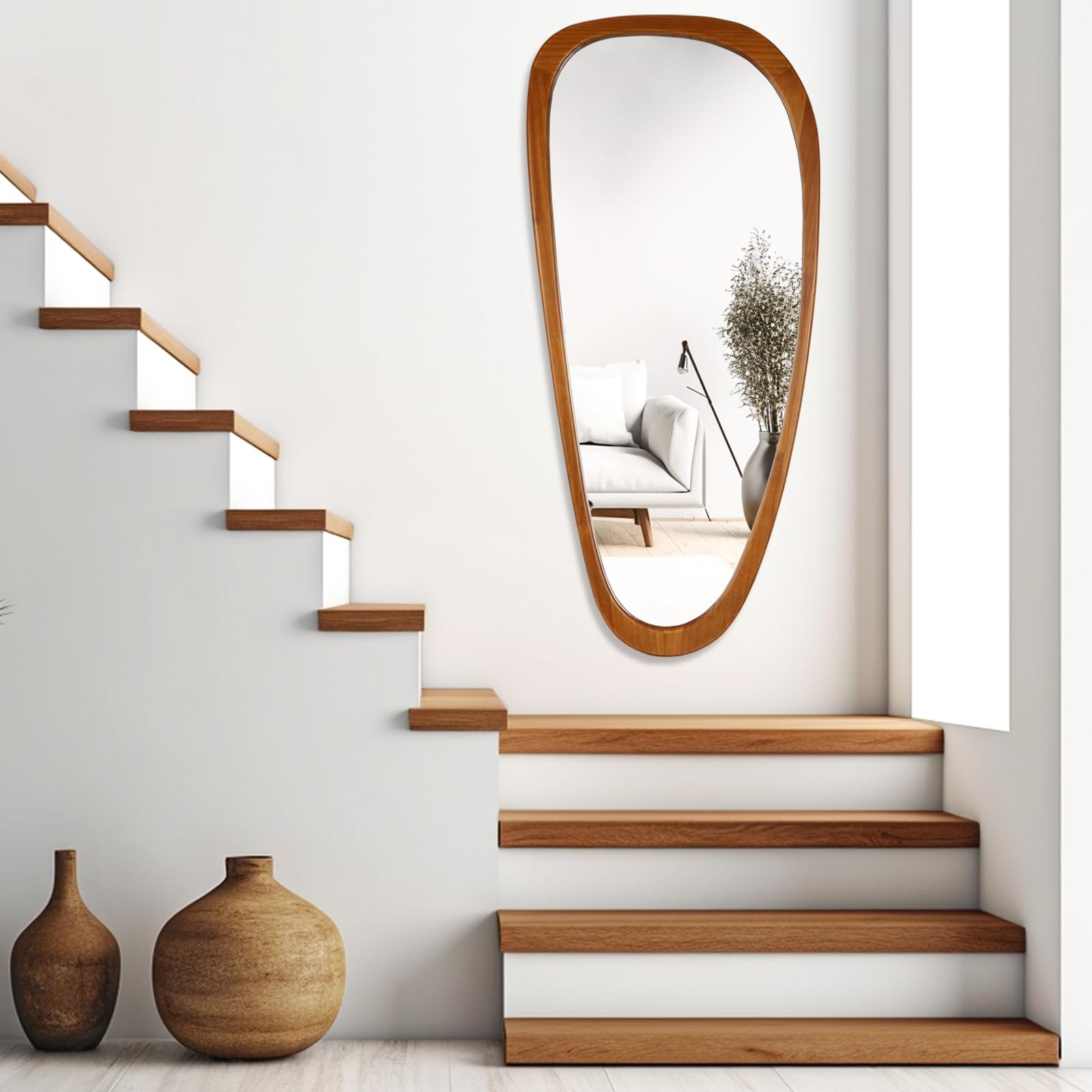 Wall Mirror: Irregular Full Length Curved Profile Walnut Brown