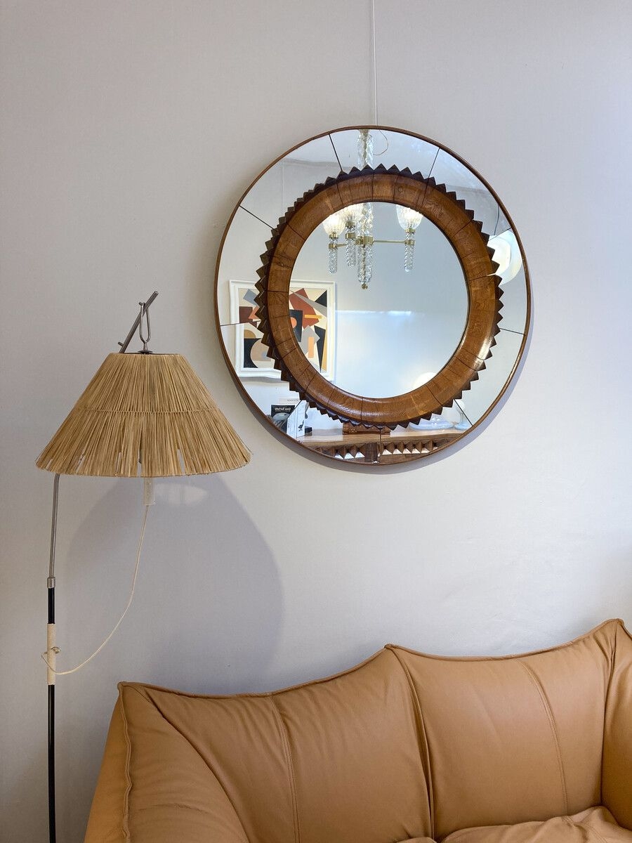 Wall Mirror: Italian Faceted Walnut Ring with Segmented Glass