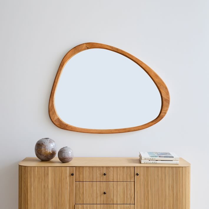 Wall Mirror: Organic Pebble Form Thick Beveled Wood Frame