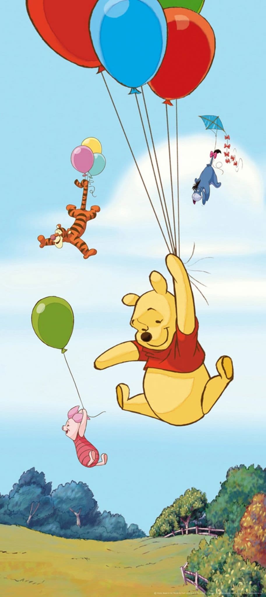 Wall Mural Sky Blue Playful Landscape Floating Characters Balloon Motif