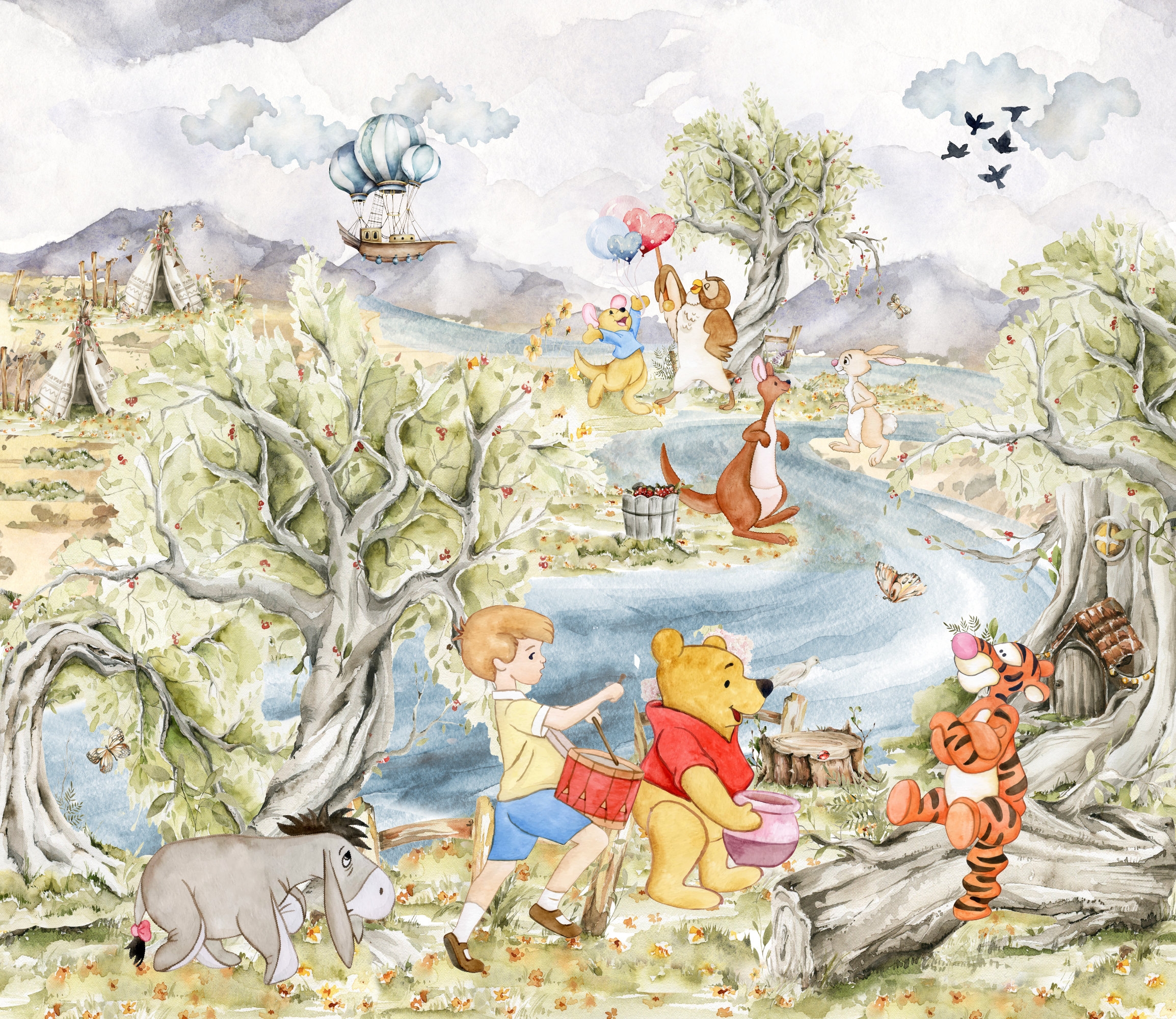 Wall Mural Watercolor Wash Landscape Scene, Hundred Acre Wood Wallpaper