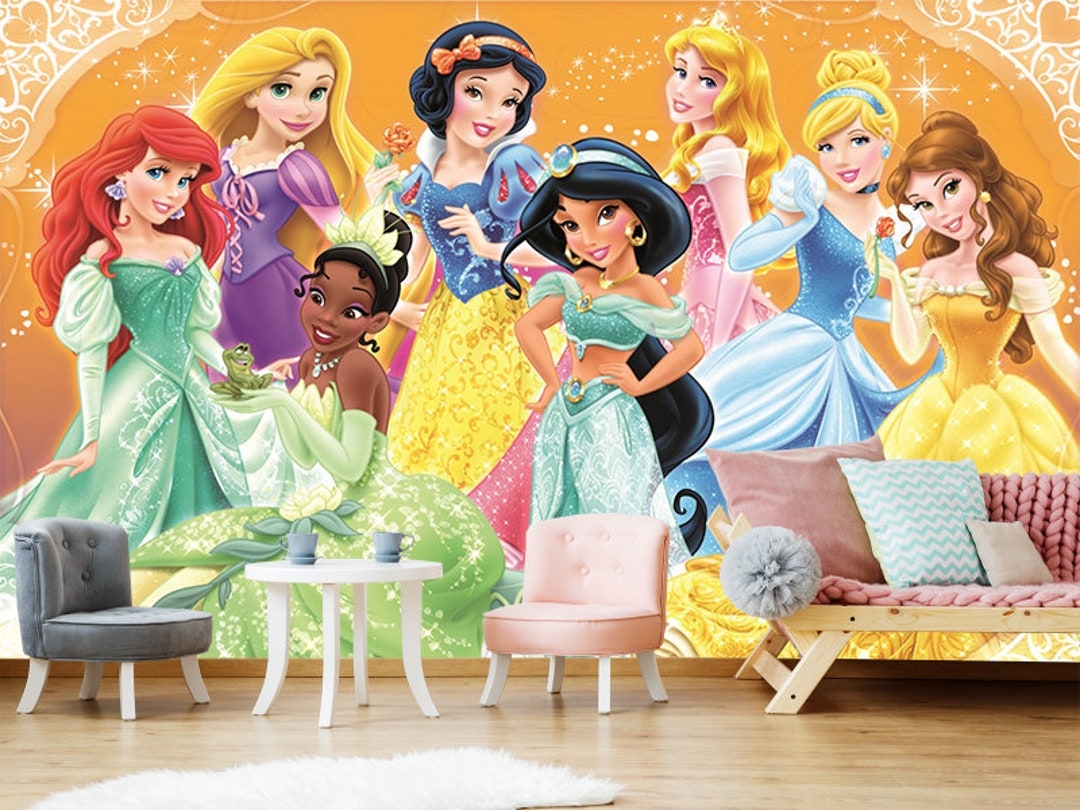 Wall Mural with Golden Yellow Backdrop for Disney Princess Nursery Mural