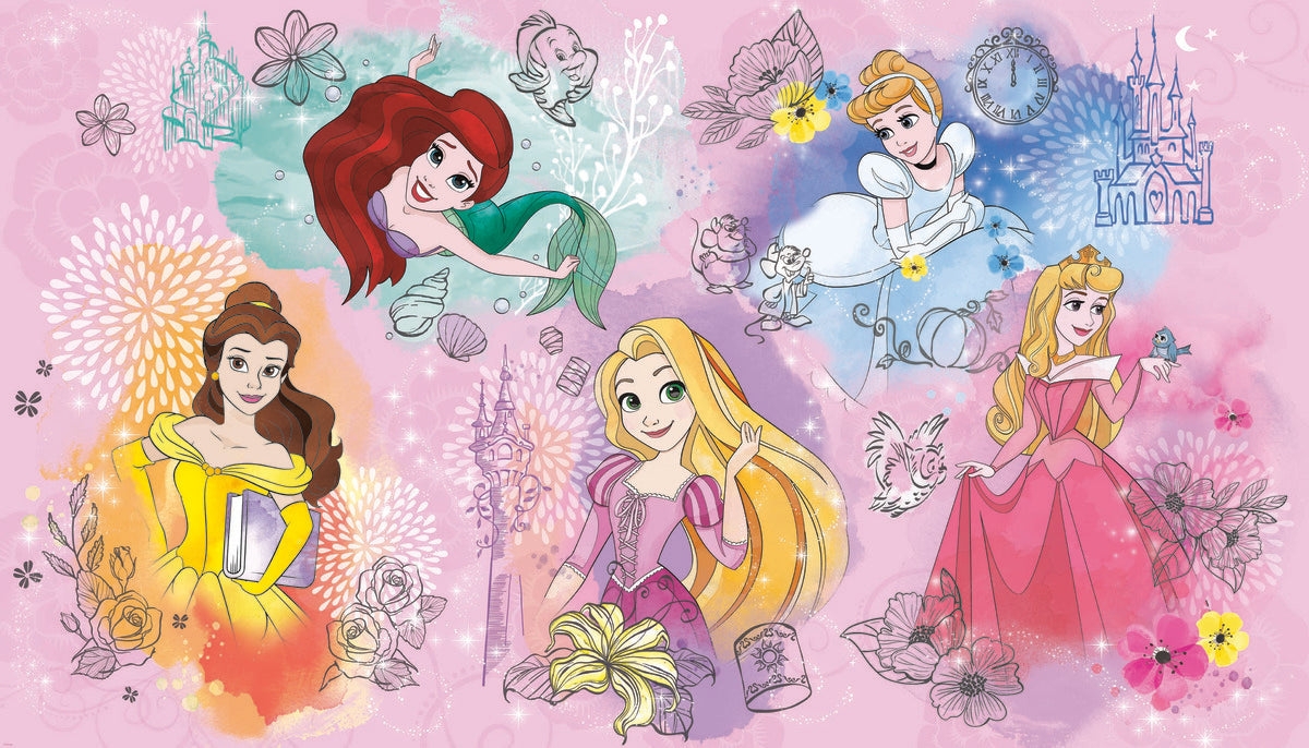 Wall Mural with Watercolor Wash and Whimsical Princess Wall Mural