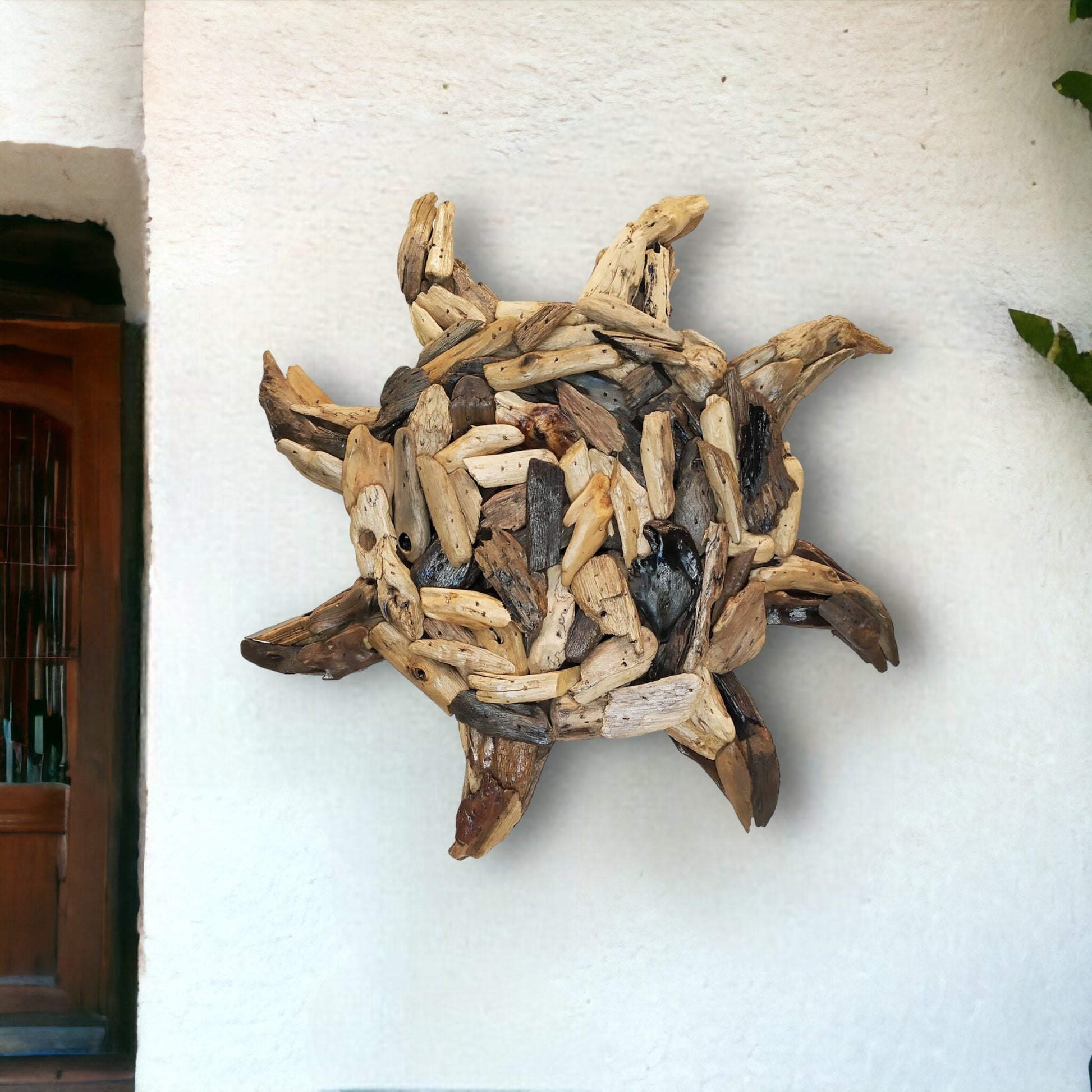 Wall Sculpture: Layered Driftwood Sunburst Motif Art Piece