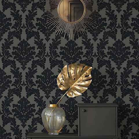 Wallcovering: High Contrast Gray Black Victorian Damask Pattern
