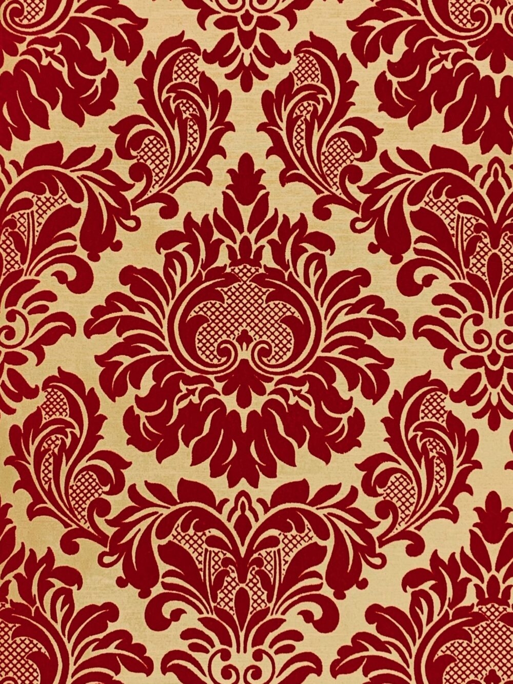 Wallpaper: Crimson Red Flocked Texture with Ornate Lattice Detail