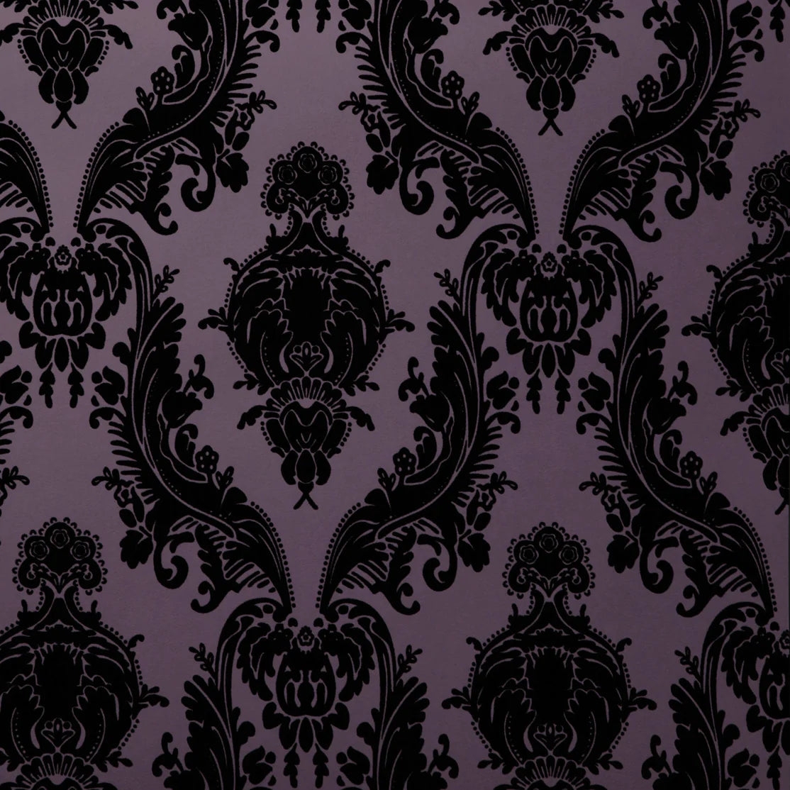 Wallpaper: Deep Plum Velvet Flocked Ornate Baroque Pattern