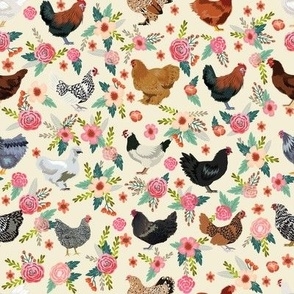 Wallpaper Fabric with Chicken Breeds and Floral Motifs for Country Decor