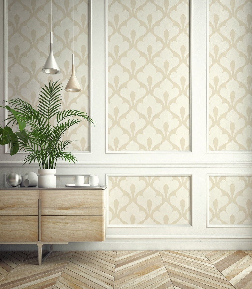 Wallpaper | Framed Wall Panels Beige Ogee Pattern Wallpaper Panels