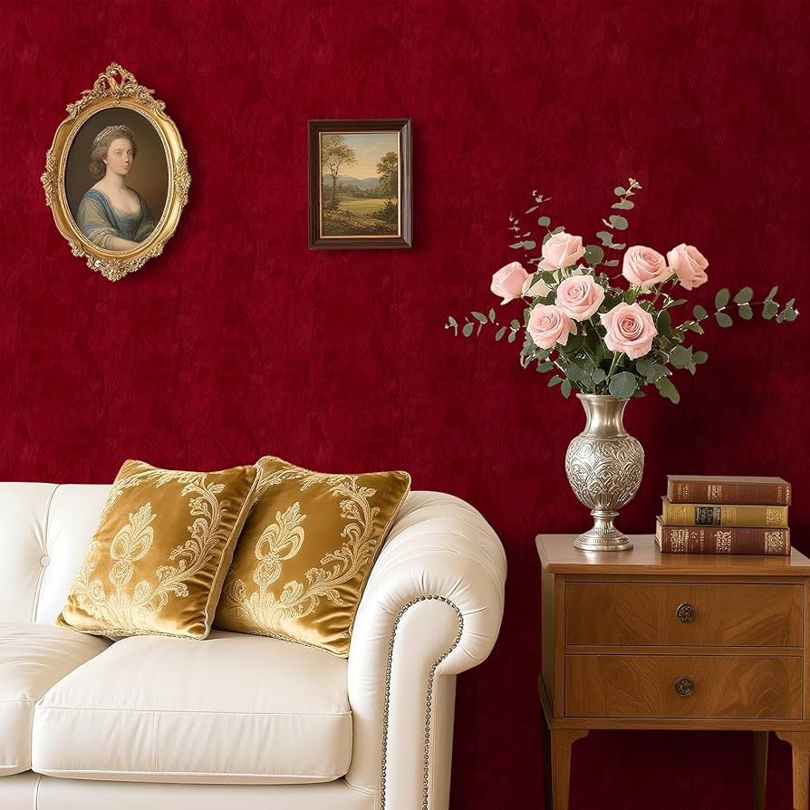 Wallpaper: Garnet Red Flocking with Wrinkled Velvet Texture