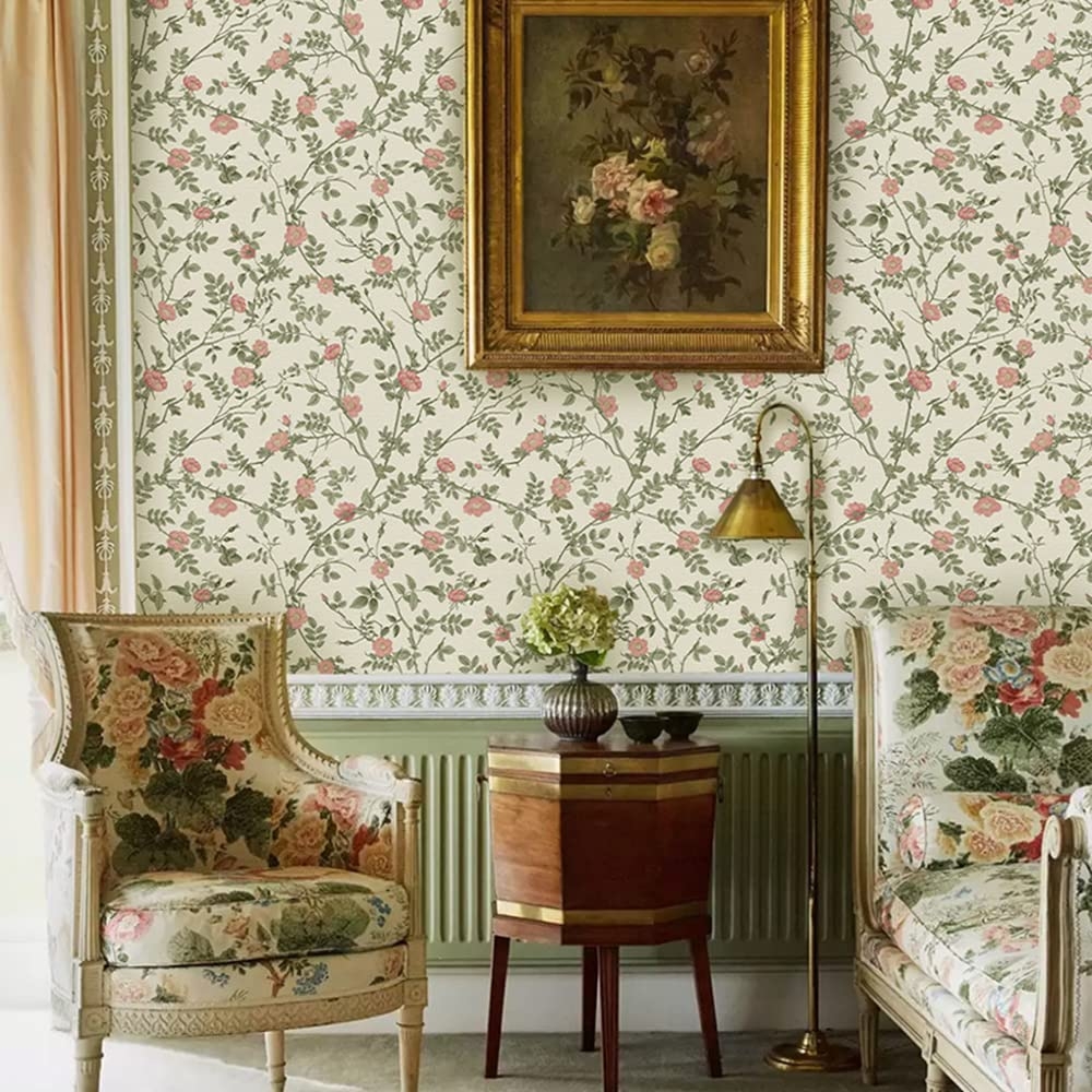 Wallpaper in Sage Green Paneling Vintage Rose Decor