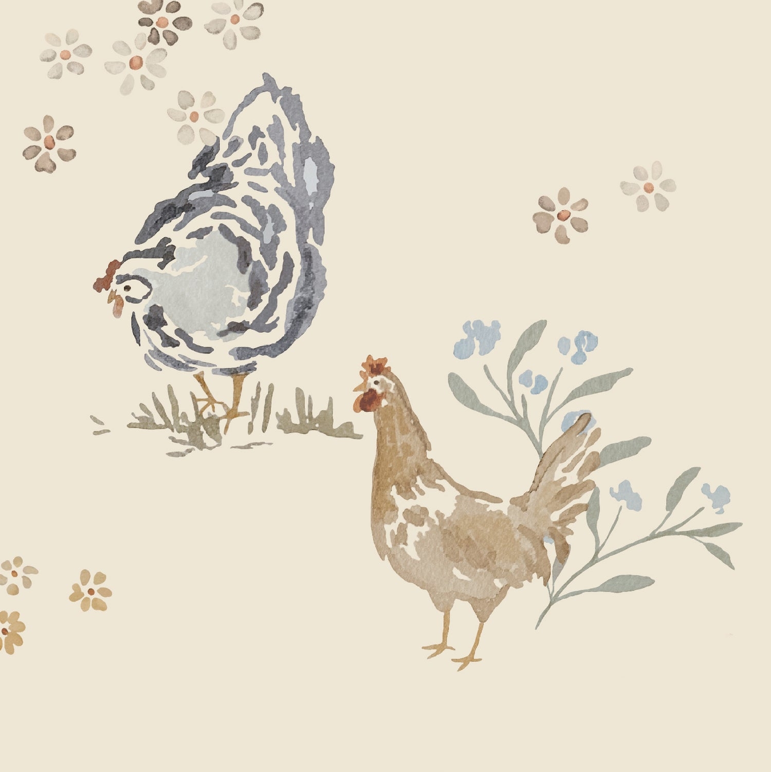 Wallpaper in Watercolor Chickens Design for Farmhouse Nursery Decor