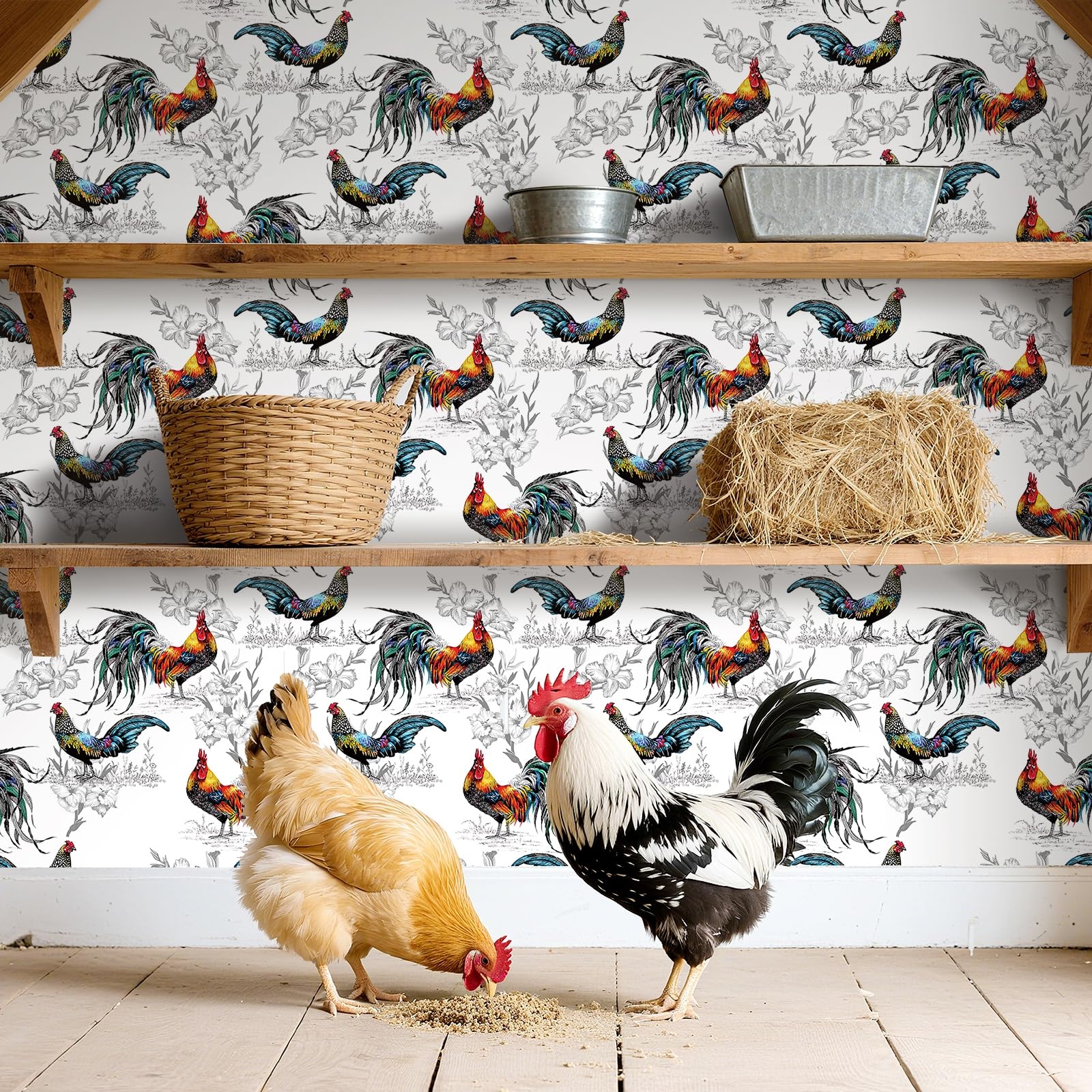 Wallpaper includes Rooster Print and Floral Accents for Peel and Stick
