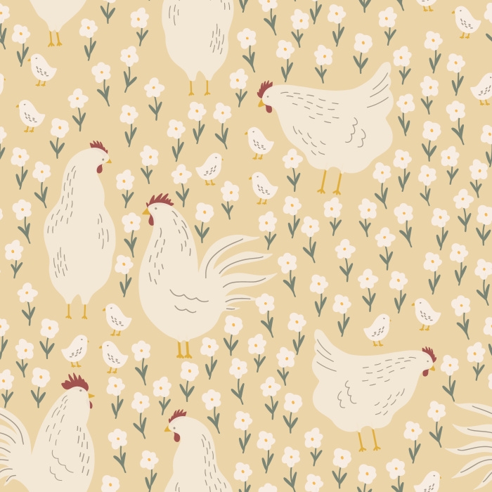 Wallpaper showcasing Warm Beige Background and Folk Art Floral Hen Pattern