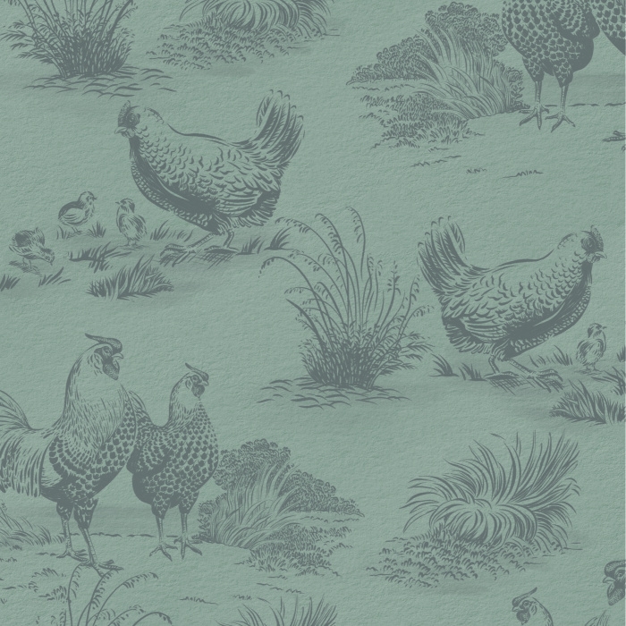 Wallpaper styled in Toile Style for a Muted Teal Vintage Farmhouse