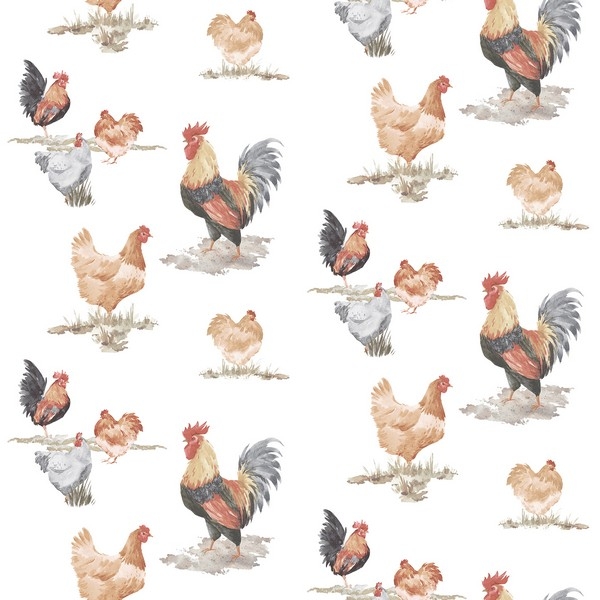 Wallpaper with Free Range Poultry and Watercolor Brushwork Mural