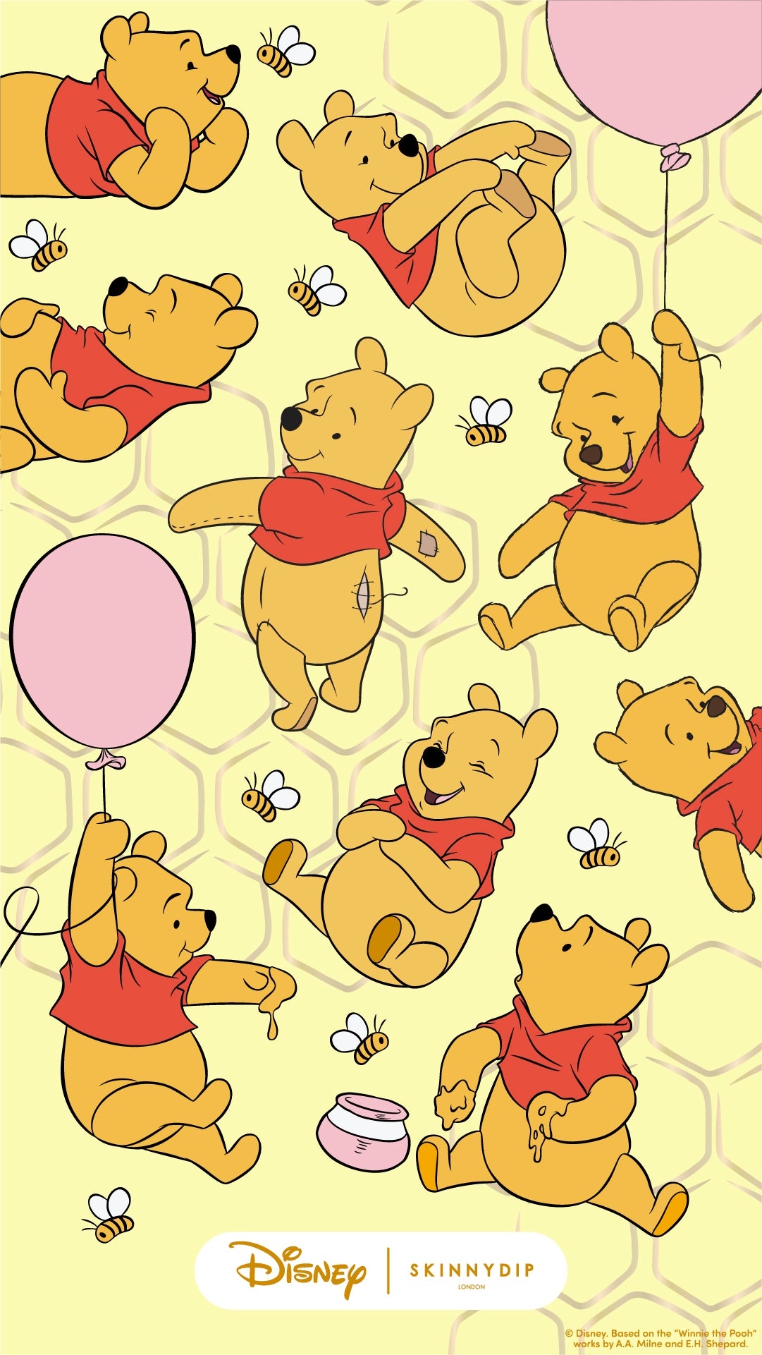 Wallpaper with Honeycomb Background, Pink Balloons, Yellow Disney Decor