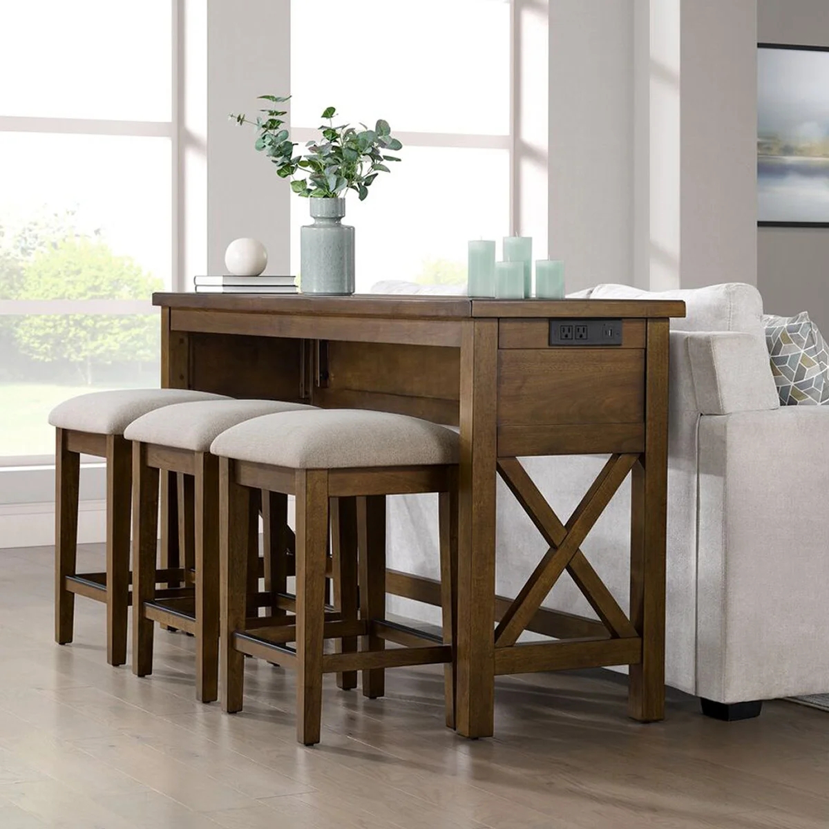 Walnut Console Table Set Integrated Power Outlet X-Brace