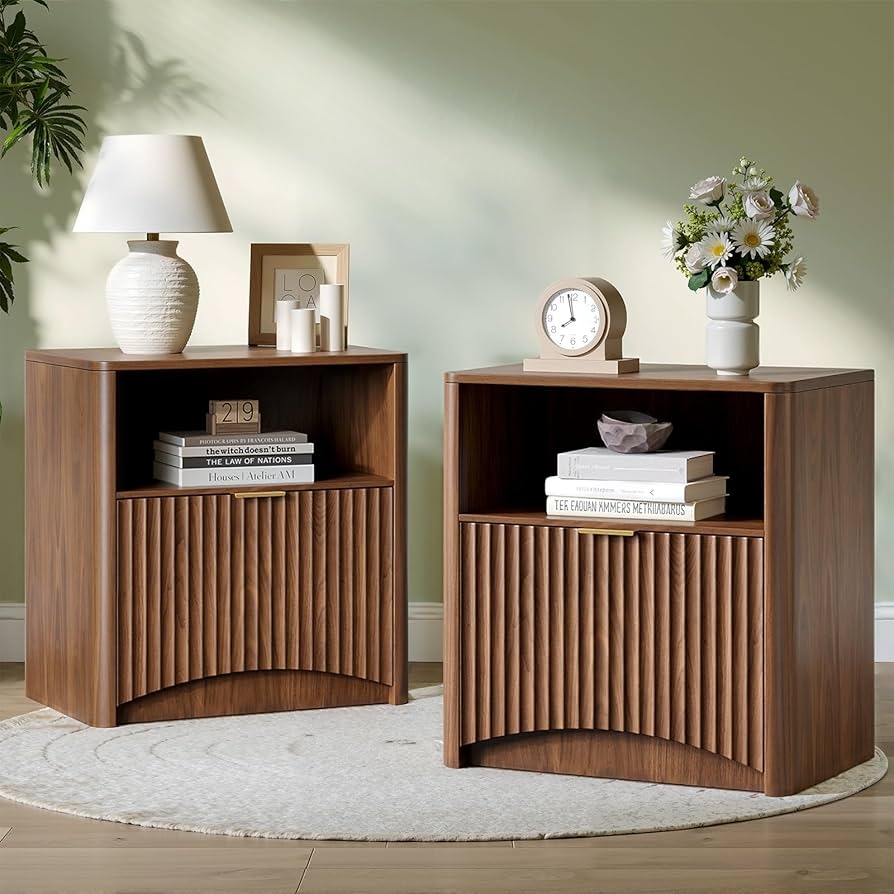 Walnut Finish Nightstand with Elegant Curved Base Cutout