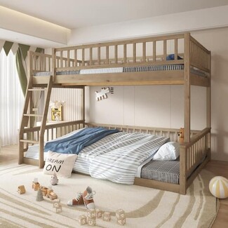 Walnut Full XL over Queen Bunk Bed, Slatted Design, Low Profile