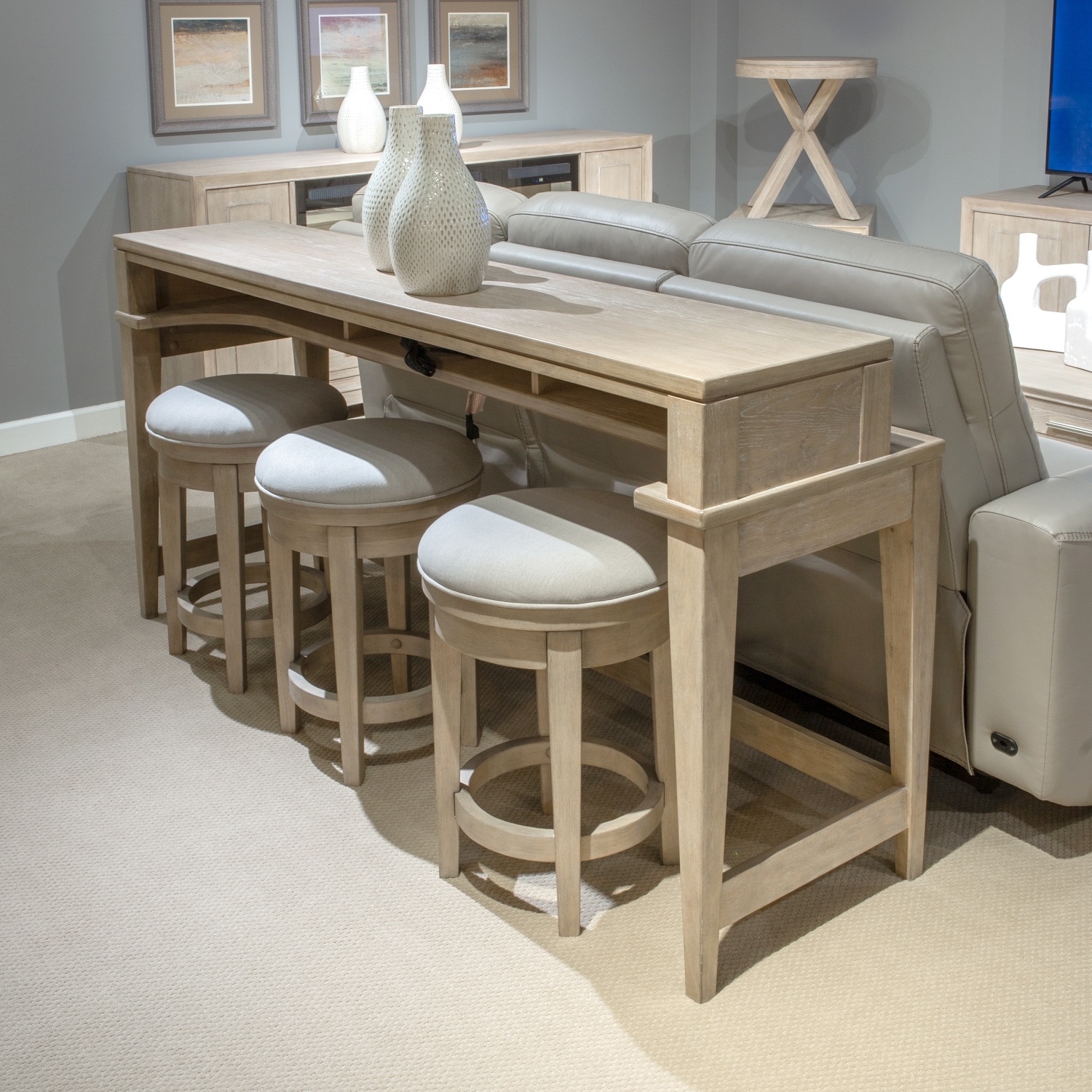 Weathered Grey Console Table Set Integrated Power Strip