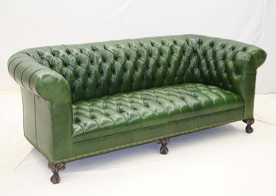 Western Style Tufted Leather Sofa with Ornate Carved Claw Feet