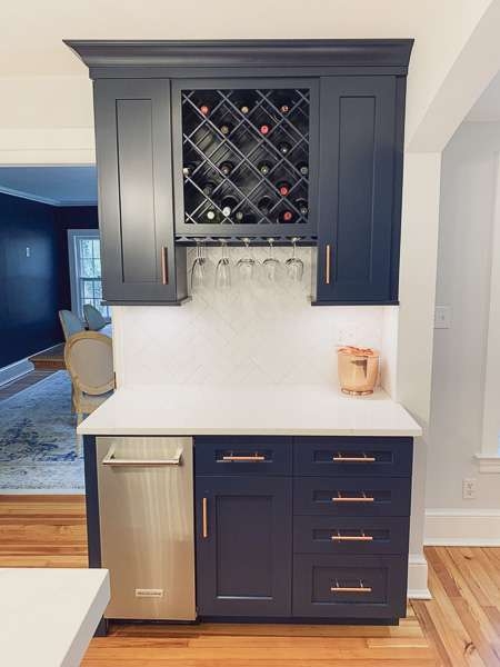 Wet Bar Cabinets featuring Navy Blue Finish and Copper Hardware