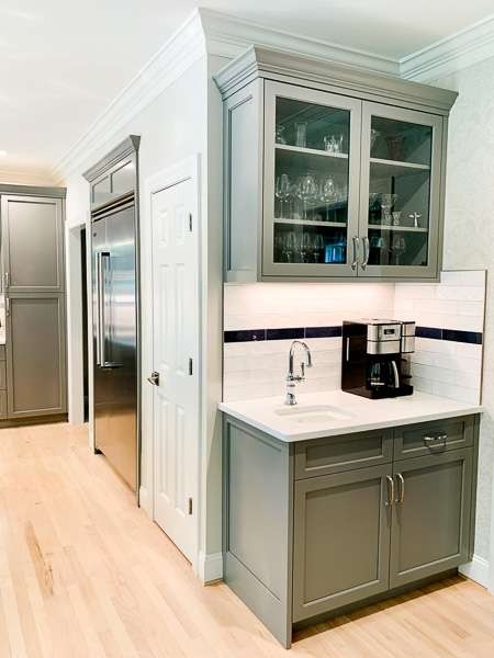 Wet Bar Cabinets in Sage Gray Finish with Contrast Tile Accent