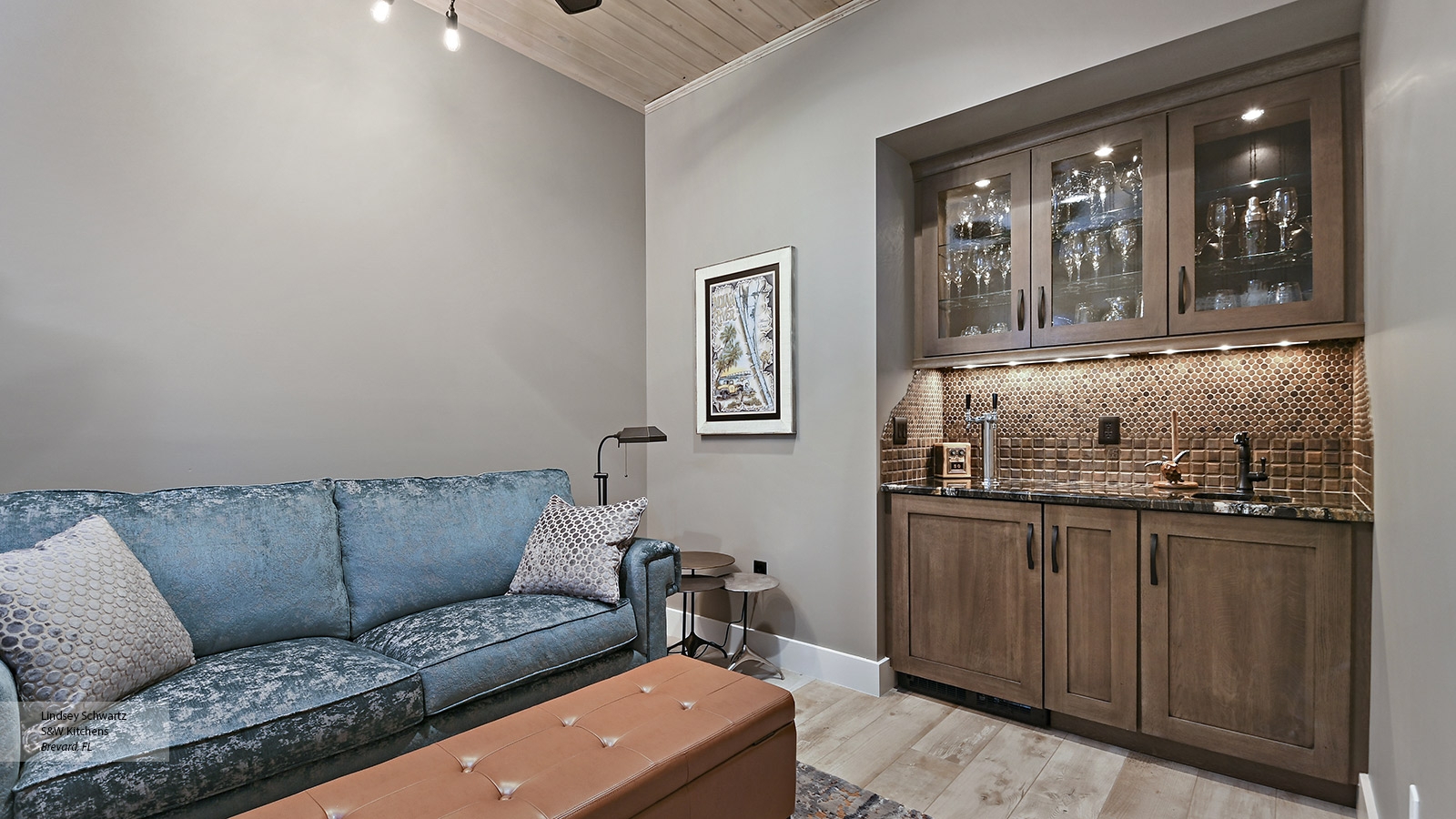 Wet Bar Cabinets including Penny Tile Backsplash and Shaker Style